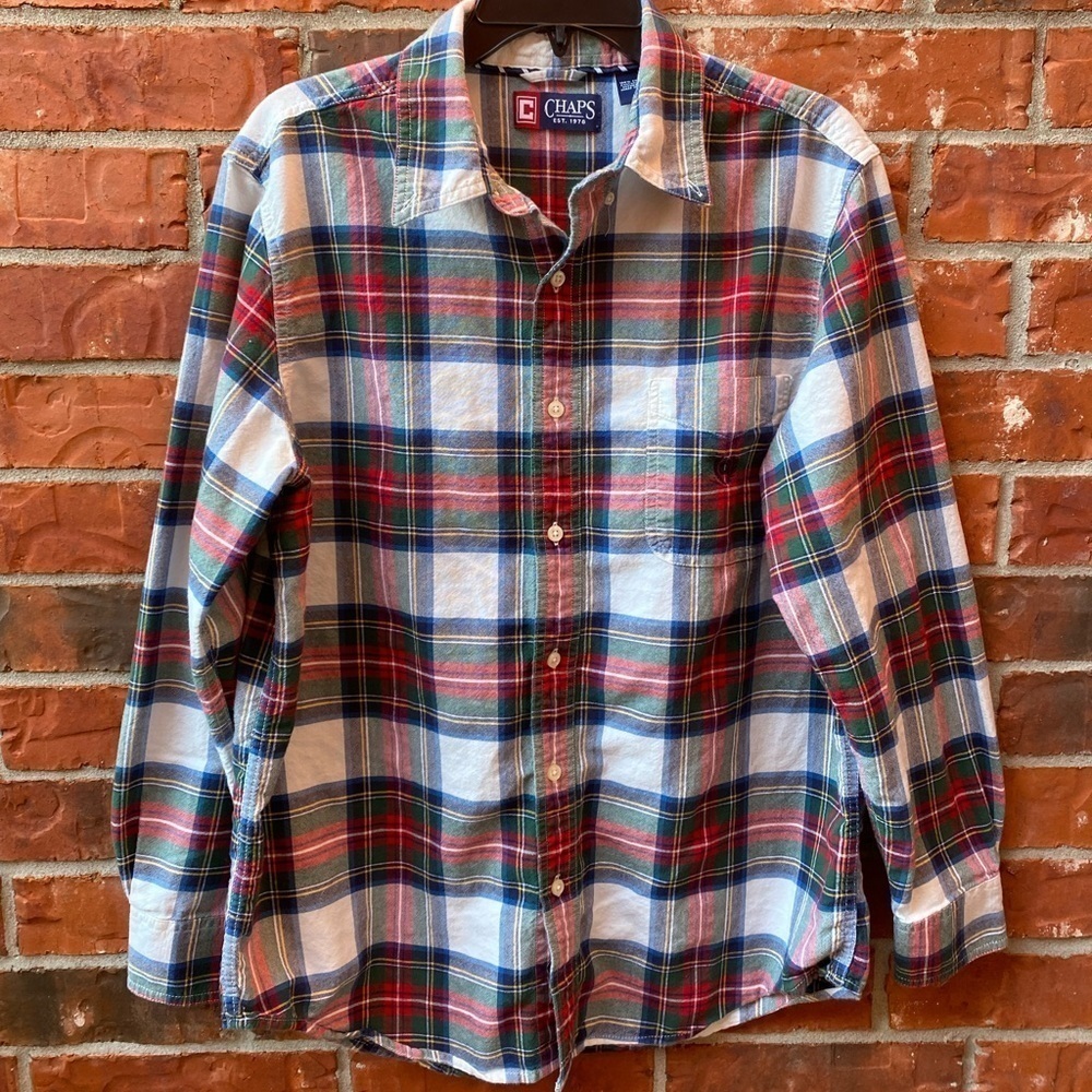 Chaps Mens Medium Red Holiday Plaid Buttons Down Long Sleeve Shirt